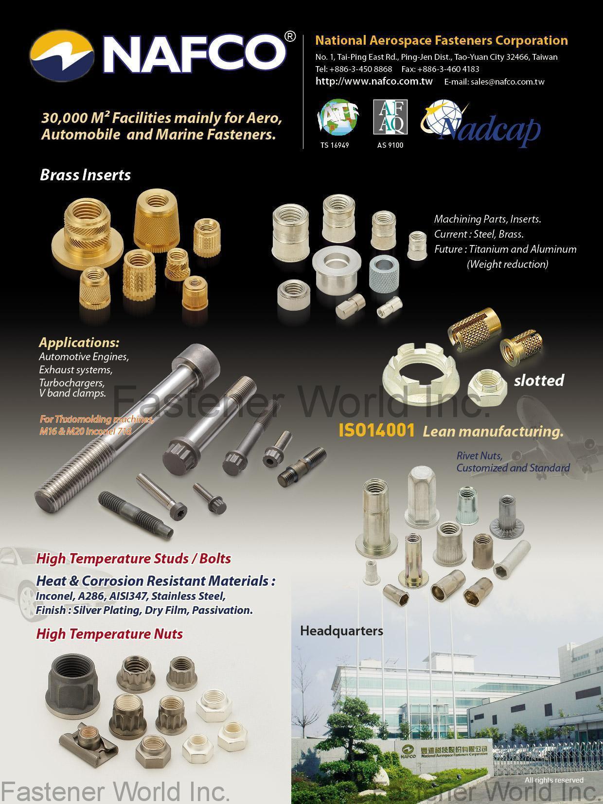 NATIONAL AEROSPACE FASTENERS CORPORATION (NAFCO) , Automotive Parts, Brass Inserts, Slotted, High Temperature Studs/Bolts/Nuts , Automotive Parts