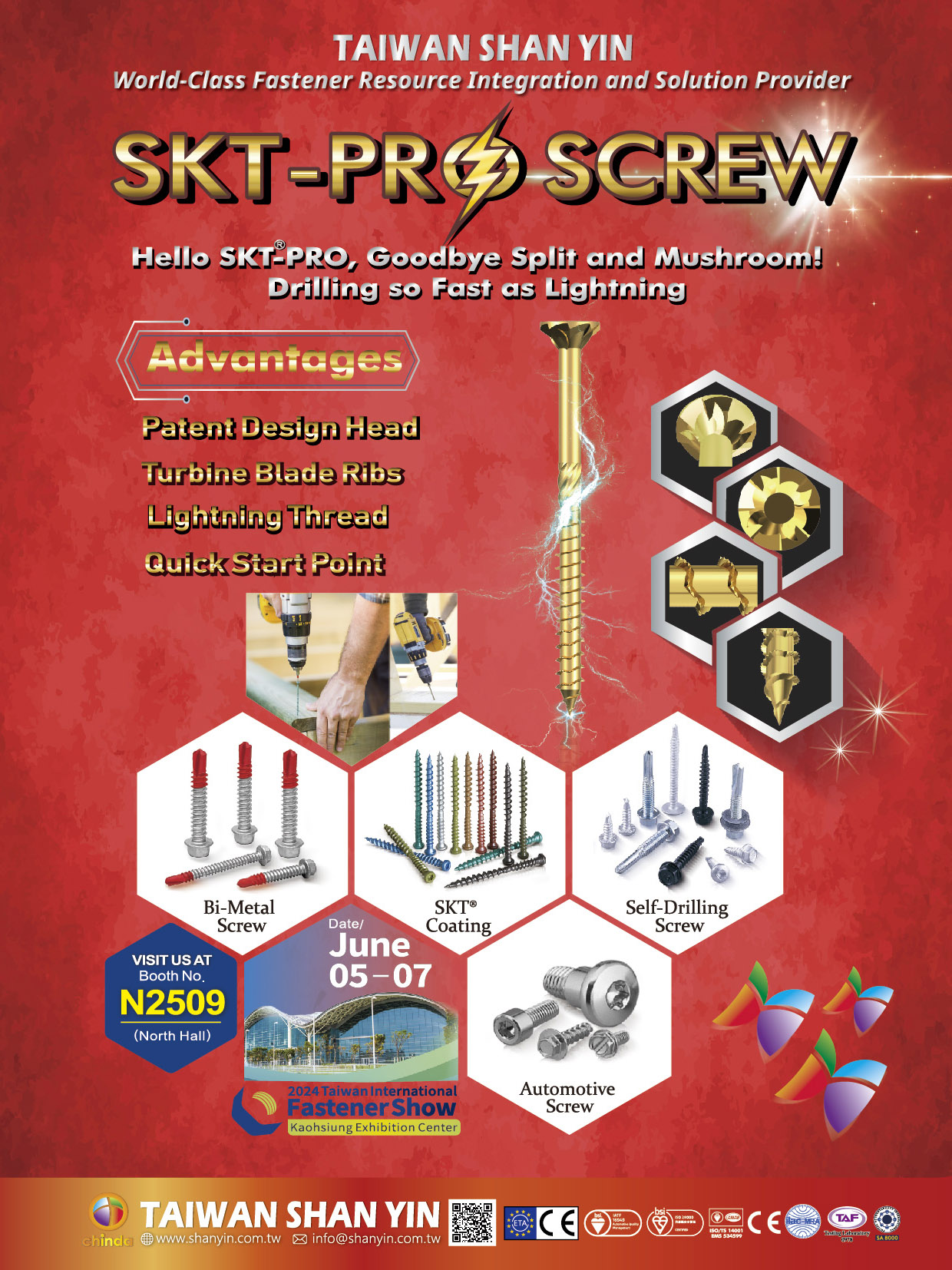 TAIWAN SHAN YIN INTERNATIONAL CO., LTD.  , SKT II Bimate, X'tra Screw, Superior Penetration Stainless Steel Screw , Wood Screws