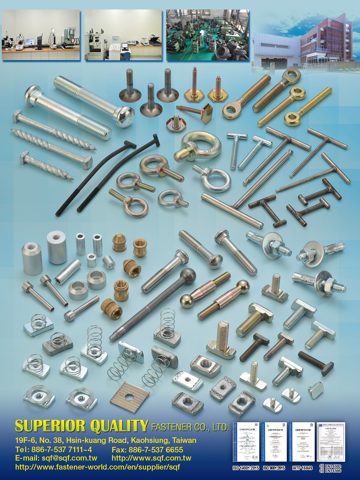 SUPERIOR QUALITY FASTENER CO., LTD.  , Close Dies Parts, Welding Bushing & Welding Nut, Turning Parts, Stamping parts, Weld Screw, Drywall Screws & Self-Drilling Screws, Chipboard screws & Tapping screw, Carriage Bolts & Machine Screws, Eye Bolts & Thread Rod & Spring Nuts, OVAL TRACK BOTL, SLEEVE ANCHOR, T BOLT, T HANDLE, ELEVATOR BOLT, EYE BOLT, LUG NUT , All Kinds of Screws