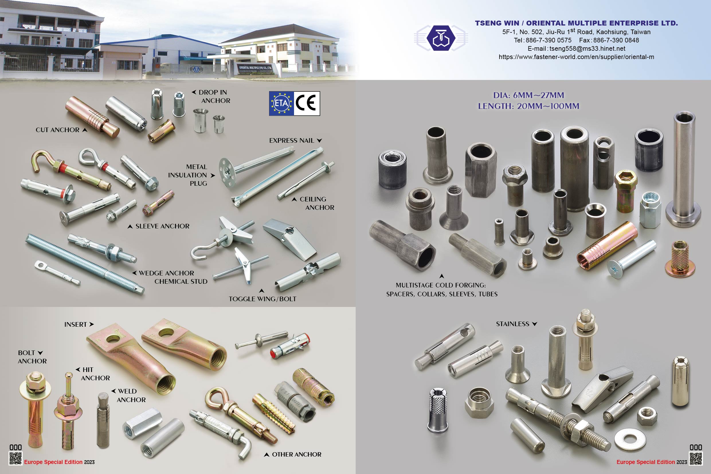 TSENG WIN / ORIENTAL MULTIPLE ENTERPRISE LTD. , Cut Anchor, Drop in Anchor, Metal Insulation Plug, Express Nail, Ceiling Anchor, Sleeve Anchor, Wedge Anchor Chemical Stud, Toggle Wing/Bolt, Insert, Bolt Anchor, Hit Anchor, Weld Anchor, Stainless Steel, Multistage cold Forging, Spacers, Collars, Sleeves, Tubes , Cut Anchors