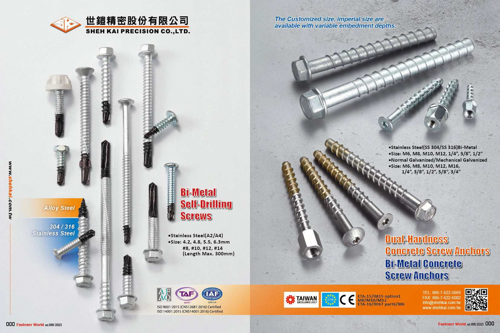 SHEH KAI PRECISION CO., LTD.  , Bi-Metal Self-Drilling Screws, Bi-Metal Concrete Screw Anchors, Dual-Hardness Concrete Screw Anchors