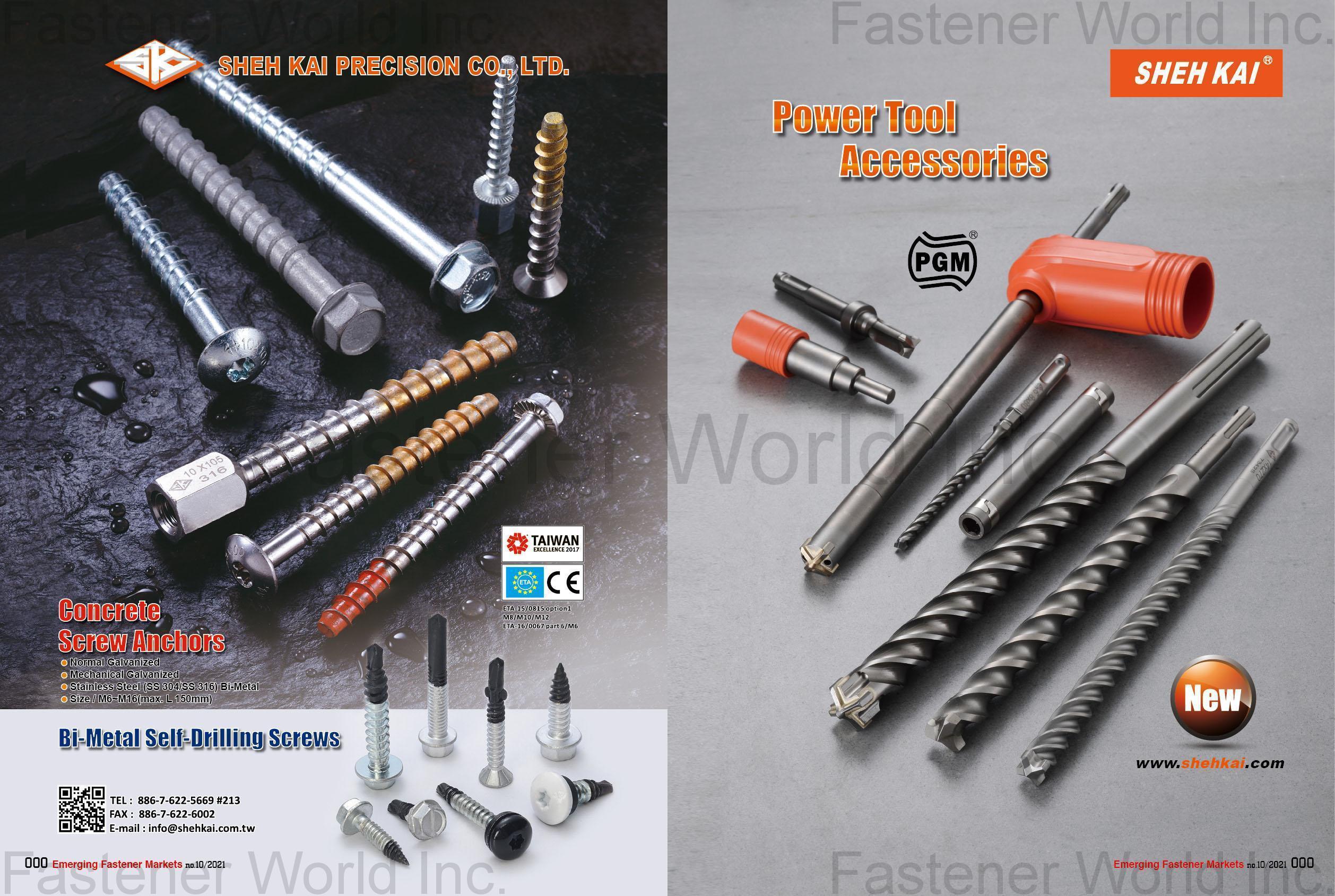 SHEH KAI PRECISION CO., LTD.  , Concrete Screw Anchors, Bi-Metal Self-Drilling Screws, Power Tool Accessories