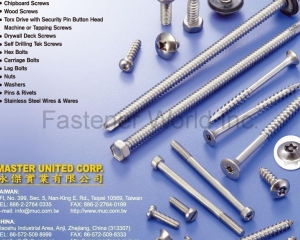 Self Tapping Screw, Machine Screw, Chipboard Screw, Wood Screw, Torx Drive with Security Pin Button Head Machine or Tapping Screws, Drywall Deck Screw, Self Drilling Tek Screw, Hex Bolts, Carriage Bolt, Lag Bolts, Nuts, Washer, Pins & Rivets, Stainless Steel Wire & Wares(MASTER UNITED CORP. )