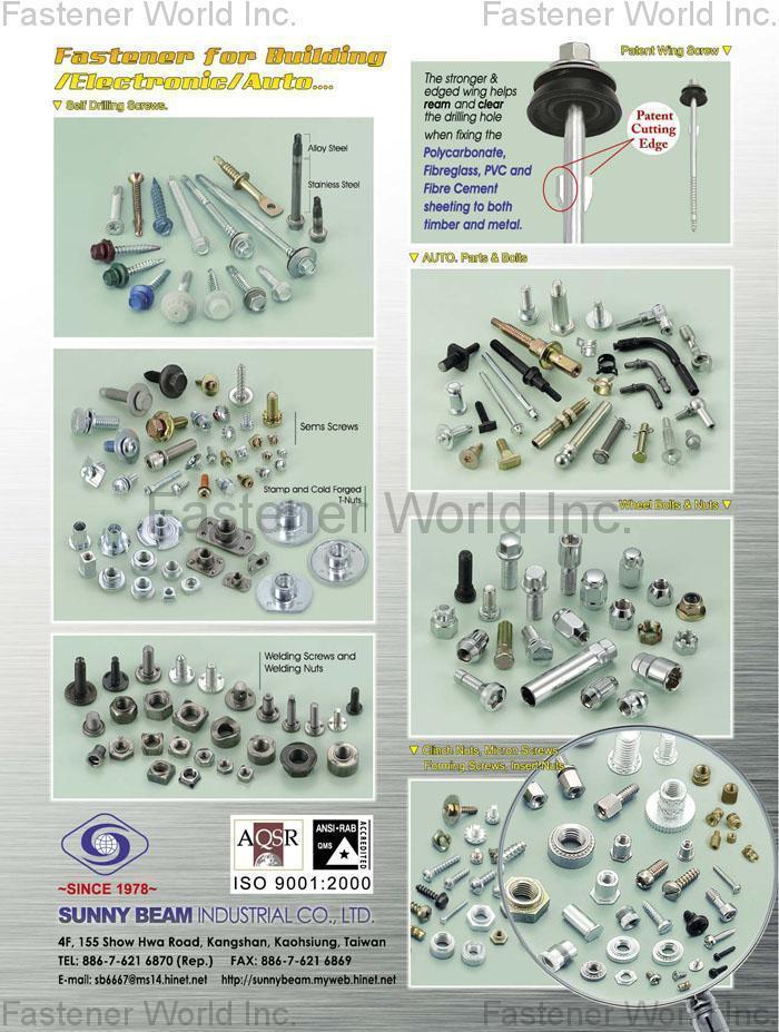 SUNNY BEAM INDUSTRIAL CO., LTD.  , Patent Wing Screw, Self Drilling Screws, Auto Parts, & Bolts, Wheel Bolt & Nut, Clinch Nuts, Micro Screws, Forming Screws, Insert Nut, SEMS Screws, Stamp and Cold Forged, T-Nuts, Welding Screws and Welding Nuts , Wing Screws