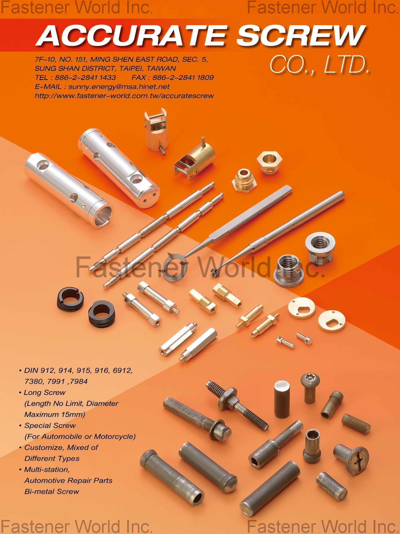 ACCURATE SCREW CO., LTD. , Long Screw, Special Screw, Customize Screws, Multi-Station, Automotive Repair Parts, Bi-Metal Screw , Long Bolts