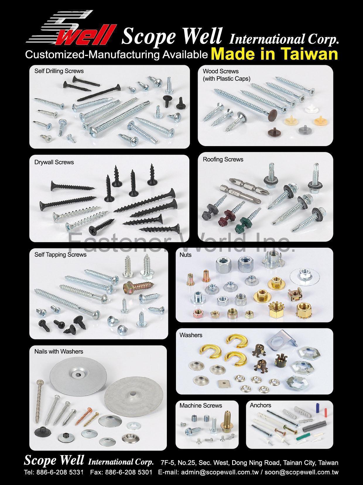 SCOPE WELL INTERNATIONAL CORP. , Self-drilling Screws, Wood Screws, Drywall Screws, Roofing Screws, Self Tapping Screws, Nuts, Nails with Washers, Machine Screws, Anchors , Self-drilling Screws