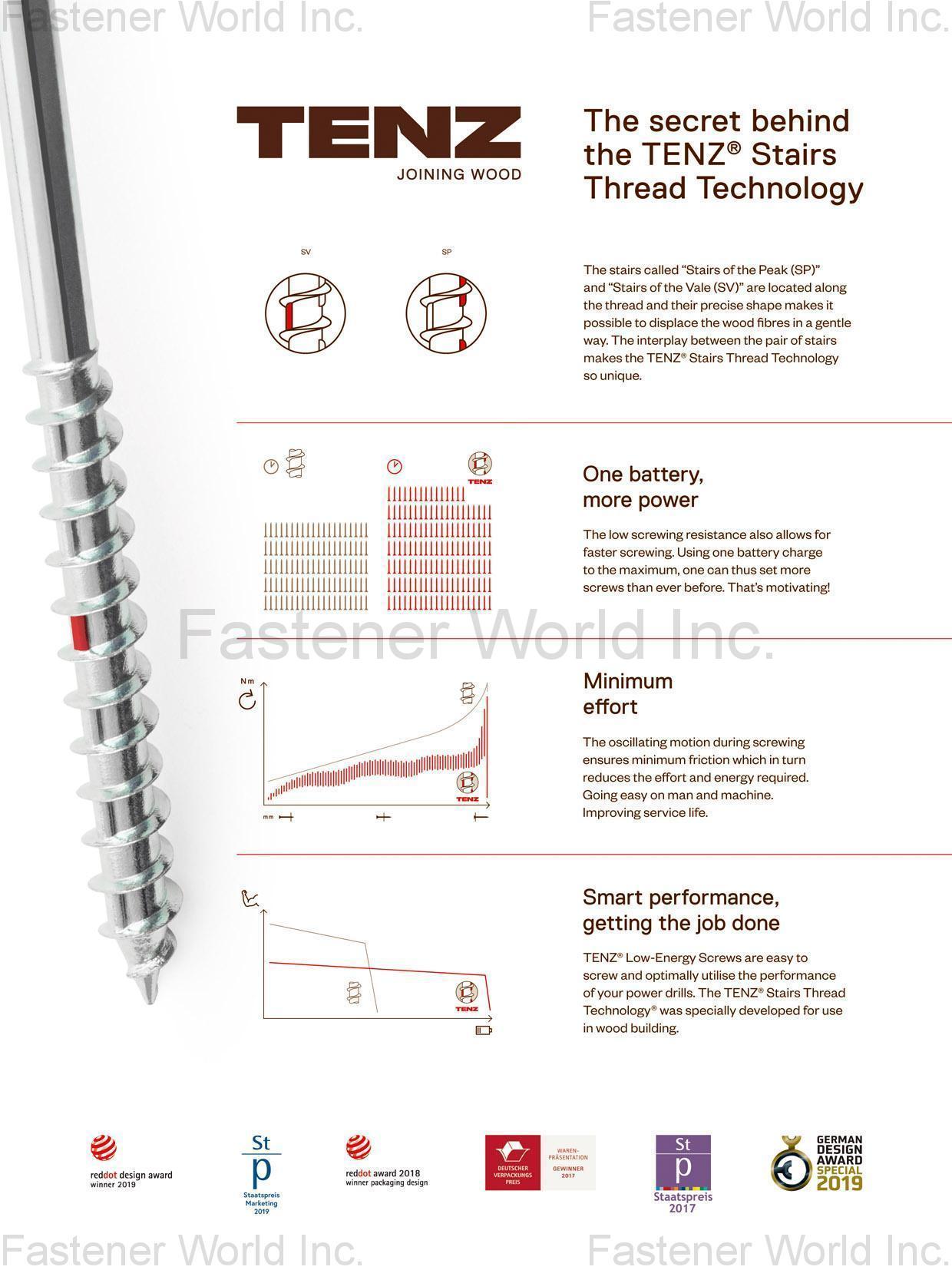 TENZ INTERNATIONAL LIMITED , TENZ Low-Energy Screws, TENZ Stairs Thread , Wood Screws