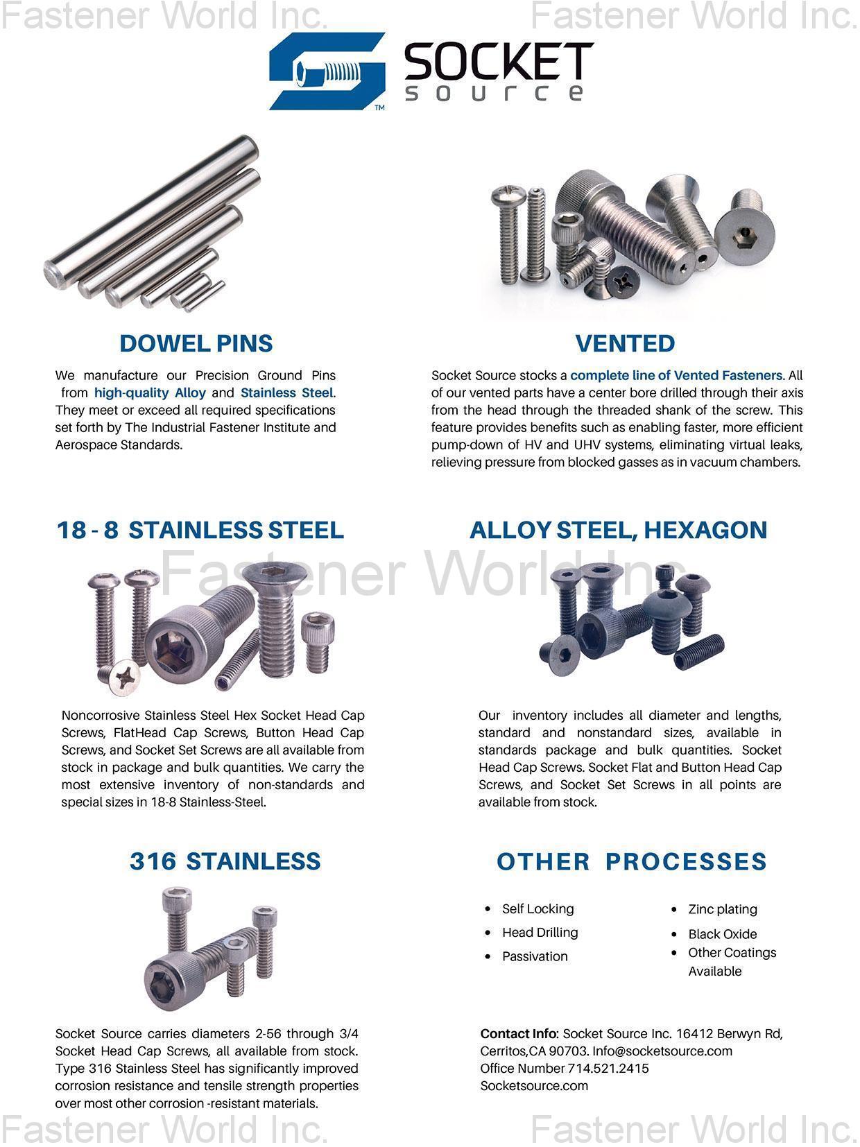 THE SOCKET SOURCE INC. , Dowel Pins, Vented, 18-8 Stainless Steel, Alloy Steel, Hexagon, 316 Stainless, Self Locking, Head Drilling, Passivation, Zinc plating, Black Oxide, Other Coatings Available