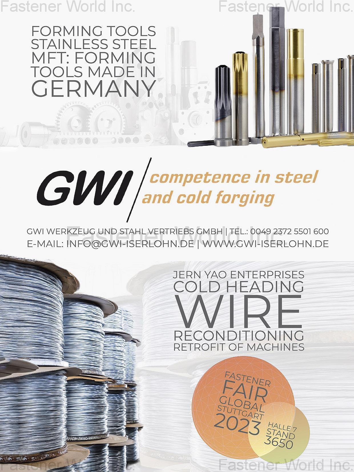 GWI WERKZEUNG UND STAHL VERTRIEBS GMBH , Cold Forming Tools, Tooling for RTM propeller drives, GAM thread rolling dies, Special steel, Engineering / Product design, Wire – FN Steel, Stainless steel cold heading wires – KOS, Logistics, Accuvision optical sorting machines, Feeding technology, Multistage presses, Technoroll thread rolling machines, Mechanical engineering, Machine trade, Machine spare parts