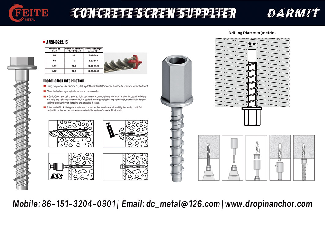 HANDAN FEITE METAL PRODUCTS CO.,LTD. , concrete screws, masonry screw bolt, wedge anchor, hex bolt, set anchor,DIN571 SCREWS, furniture scews, bean cleam,washer, spring nut,dyna bolt,lag screws ,Construction Fasteners, Security Fasteners,Eyelag Screws,Self Tapping Screw,hanger, hook bolt,Concrete masonry screws and bolts