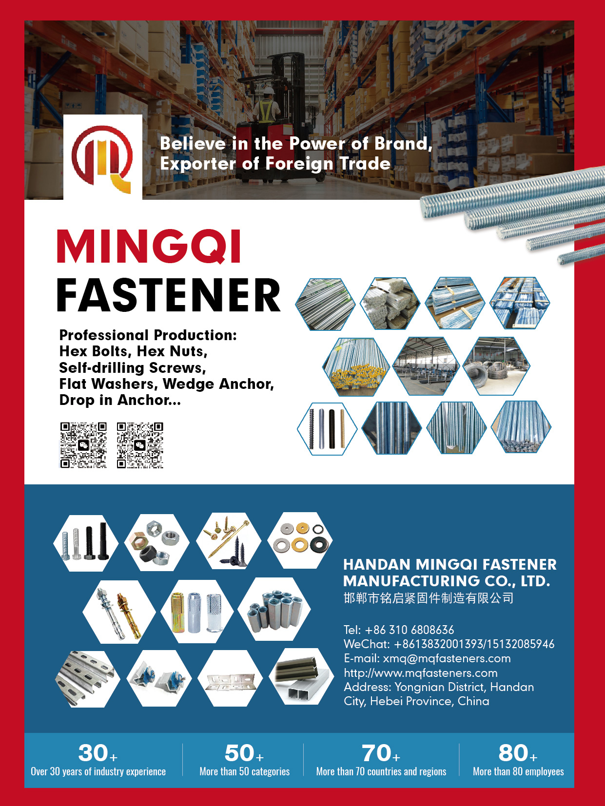 HANDAN MINGQI FASTENER MANUFACTURING CO., LTD. , Hex Bolts, Hex Nuts, Self-drilling Screws, Flat Washers, Wedge Anchor, Drop in Anchor...