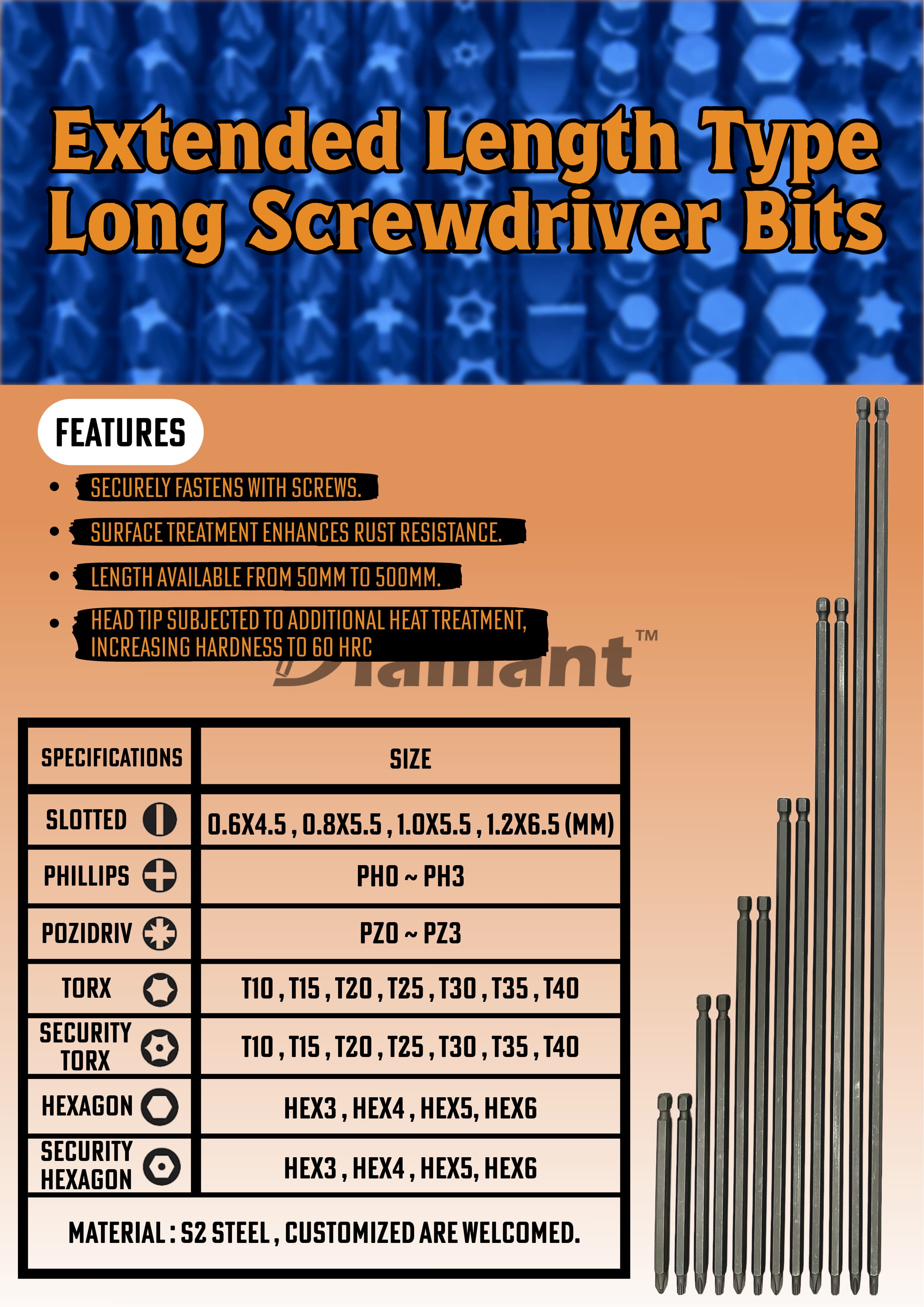 DIAMANT INDUSTRIAL CO., LTD. , Extended Length Long Screwdriver Bits