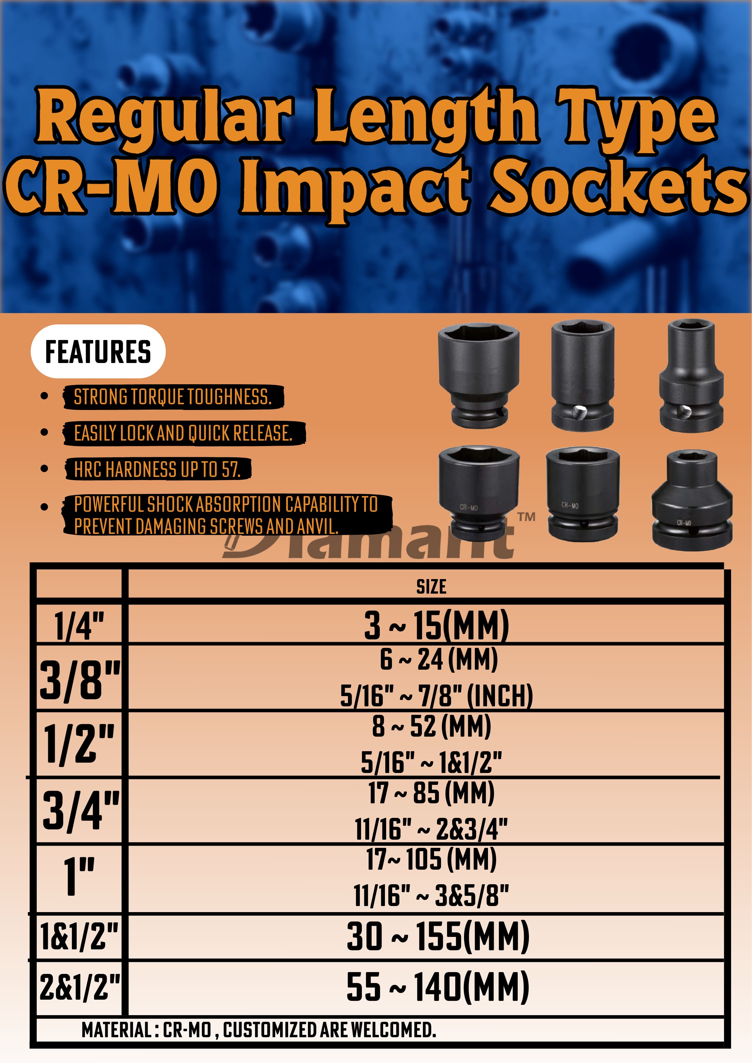 DIAMANT INDUSTRIAL CO., LTD. , Regular Length CR-MO Impact Socket