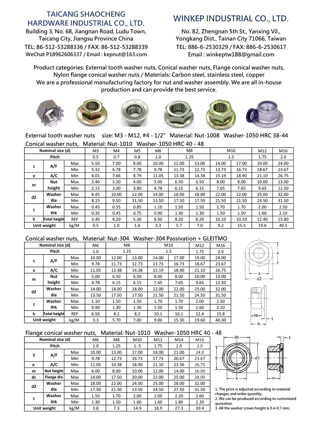WINKEP INDUSTRIAL CO., LTD. , External tooth washer nuts, Conical washer nuts, Flange conical washer nuts, Nylon flange conical washer nuts 