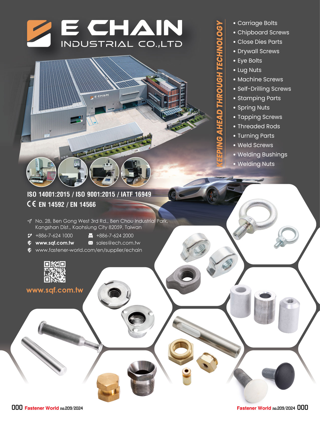 E CHAIN INDUSTRIAL CO., LTD. , Carriage Bolts, Chipboard Screws, Close Dies Parts, Drywall Screws, Eye Bolts, Lug Nuts, Machine Screws, Self-drilling Screws, Stamping Parts, Spring Nuts, Tapping Screws, Threaded Rods, Turning Parts, Weld Screws, Welding Bushings, Welding Nuts