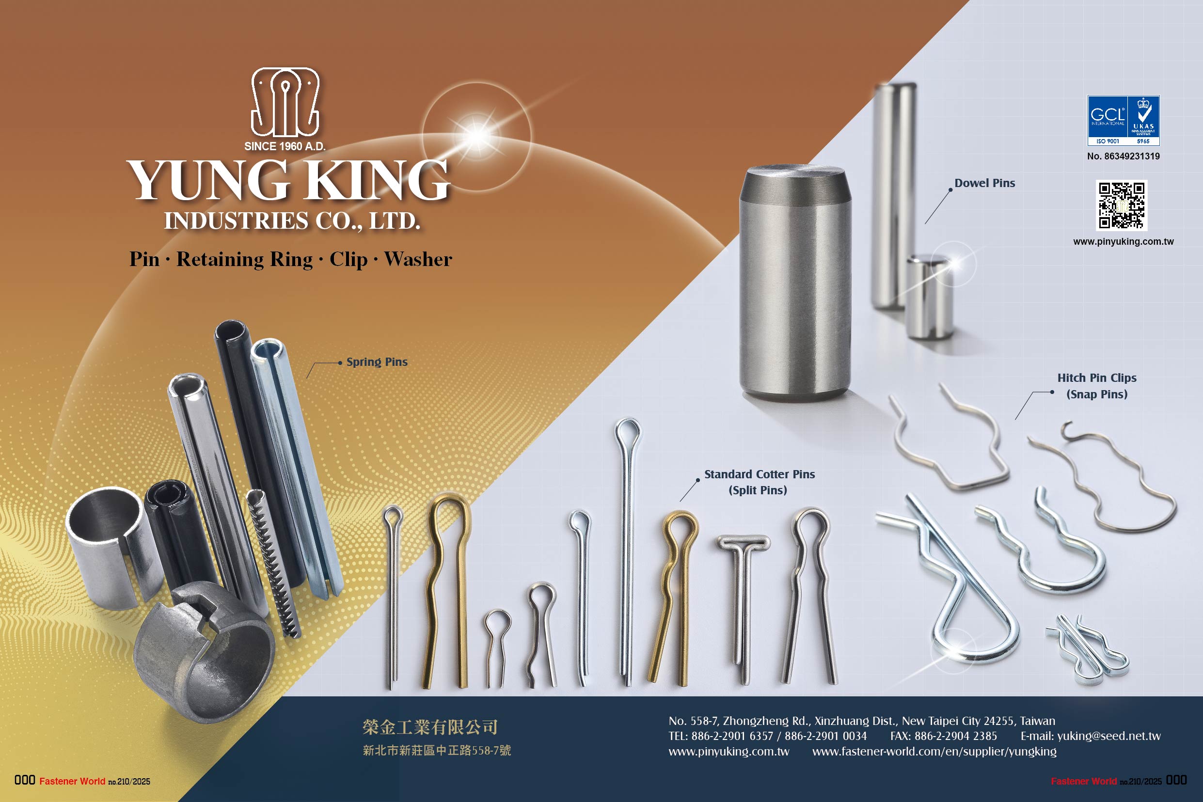 YUNG KING INDUSTRIES CO., LTD.  , Pin, Retaining Ring, Clip , Washer, Spring Pins, Standard Cotter Pins, Split Pins, Dowel Pins, Hitch Pin Clips (Snap Pins)