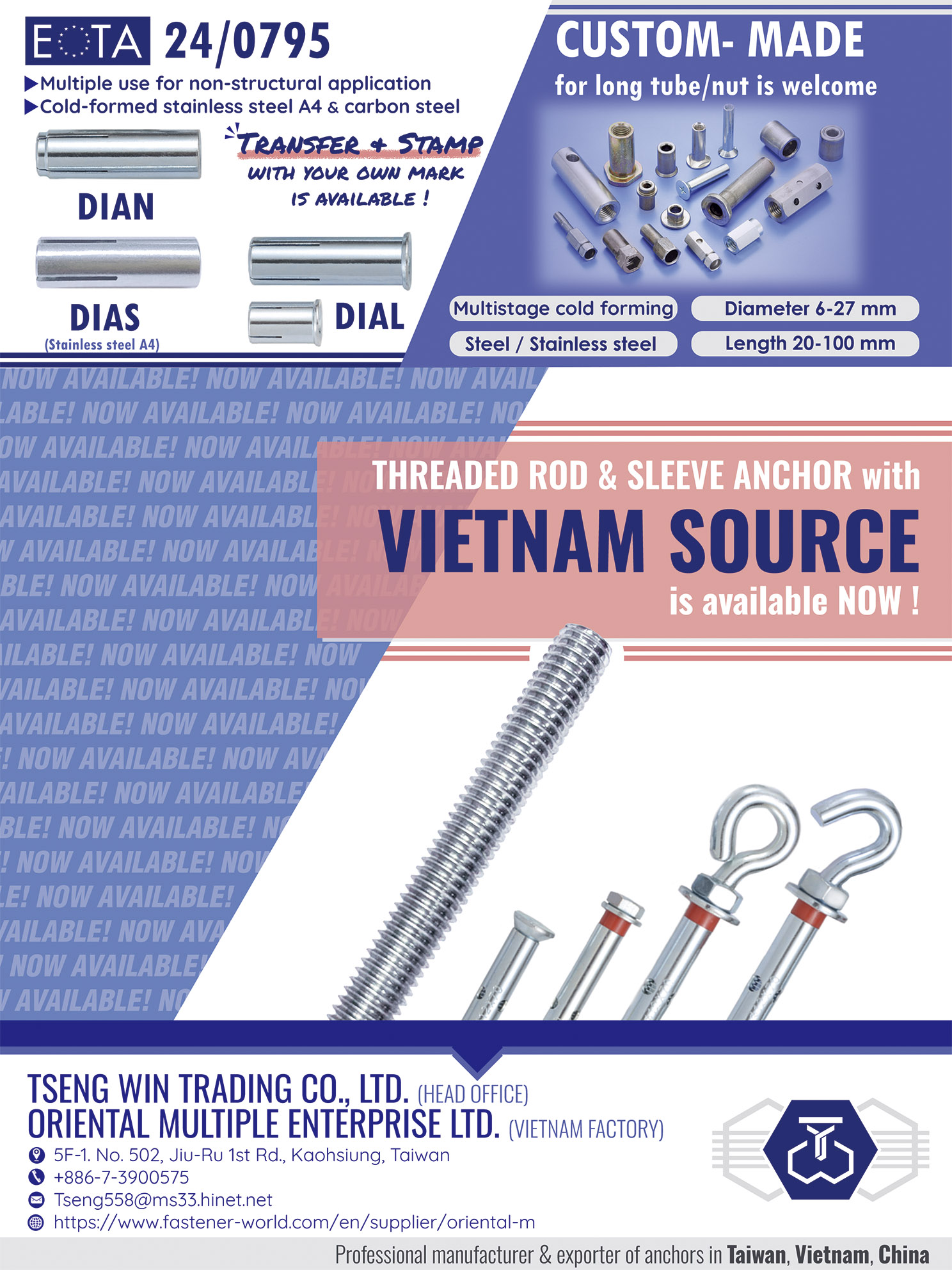 TSENG WIN TRADING CO., LTD. / ORIENTAL MULTIPLE ENTERPRISE LTD. , Threaded Rod & Sleeve Anchor, Long Tube / Nut
