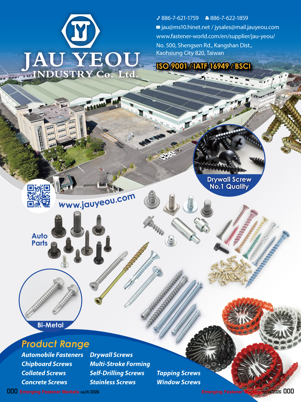 JAU YEOU INDUSTRY CO., LTD. , Automobile Fasteners, Chipboard Screws, Collated Screws, Concrete Screws, Drywall Screws, Multi-Stroke Forming, Self-Drilling Screws, Tapping Screws, Window Screws